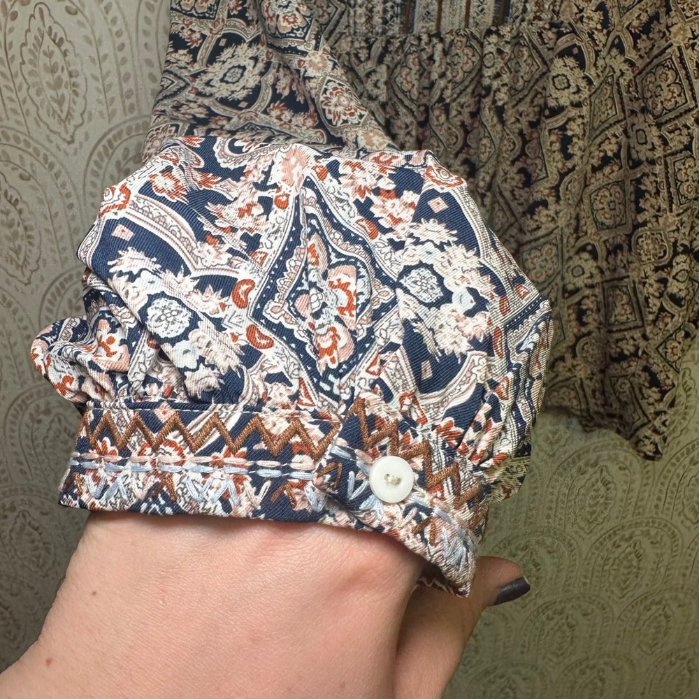 Hailey & Co Women tunic Peasant Boho Geometric Print Long Sleeve Tie Neck - Picture 7 of 9